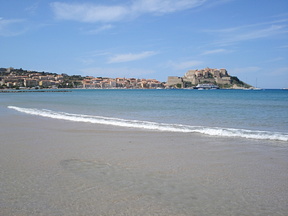 The beach in Calvi with the harbour and the citadel in the background