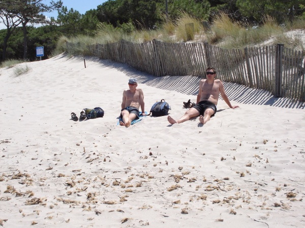 White sand, white people: Harald and Øyvind at Calvi beach