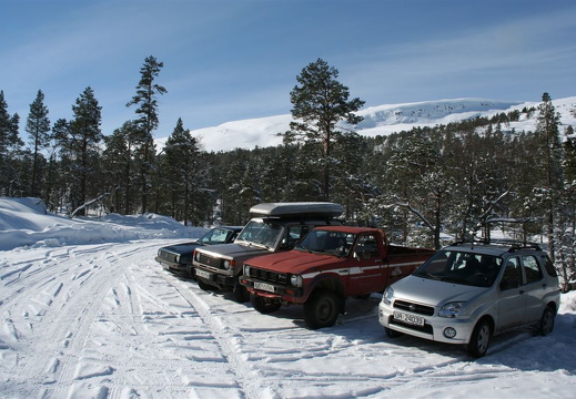 Ei klassisk oppstilt bilrekke på vegenden i Jardalen