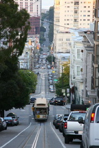 Cable car in steep hill downtown San Francisco