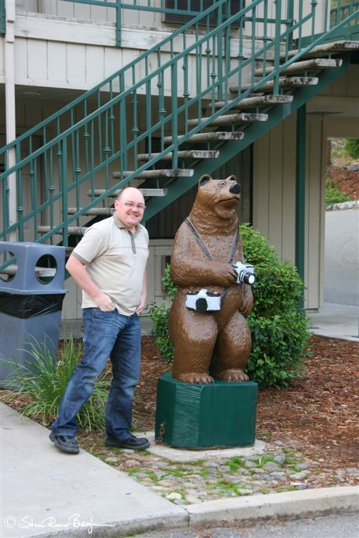 Idar next to camera-bear at Cedar Lodge