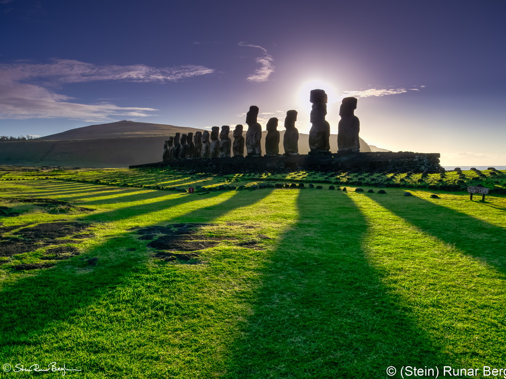 Long shadows at Ahu Tongariki in the early morning