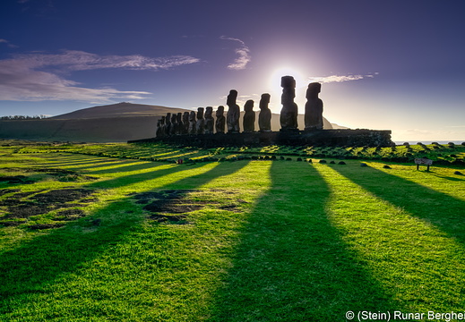 Long shadows at Ahu Tongariki in the early morning